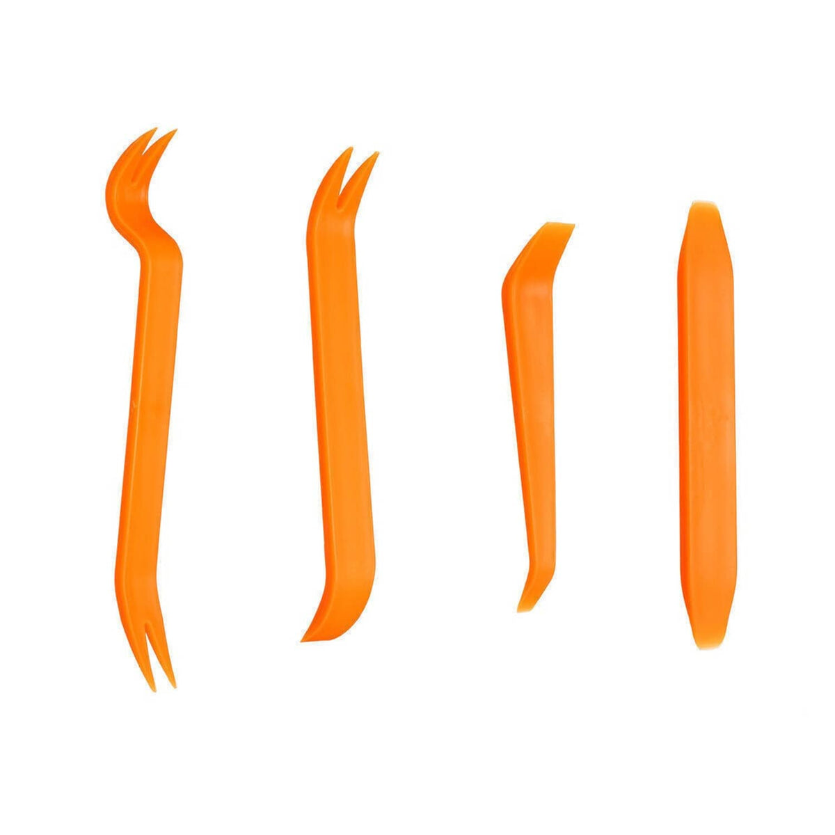 Orange plastic trim removal tools for prying and pulling car clips