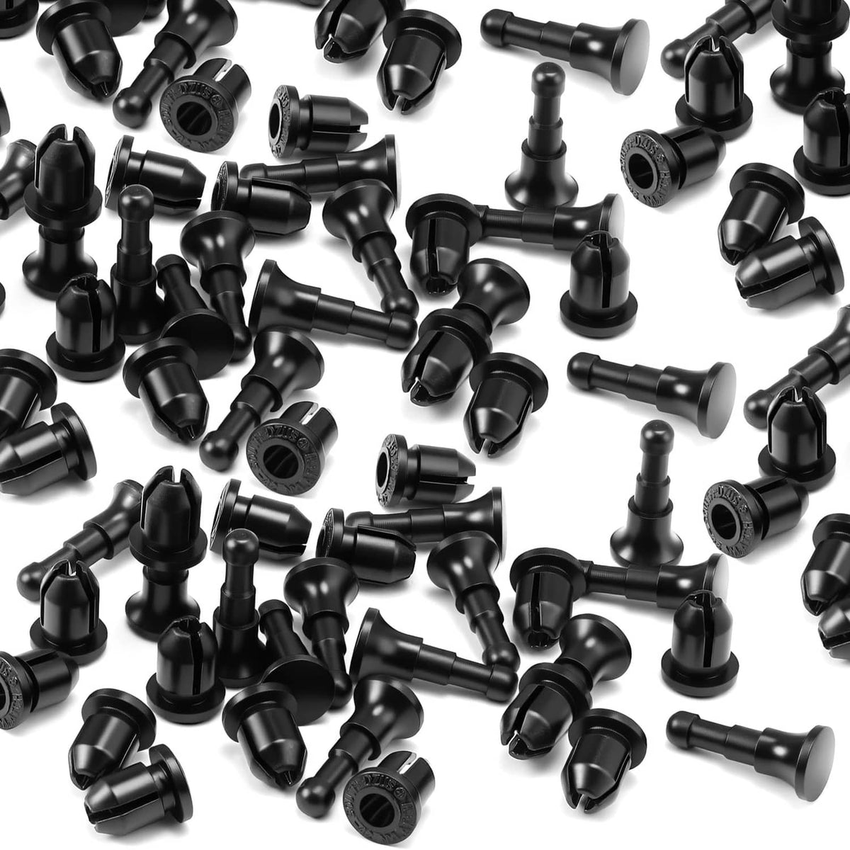 Black push lock pins (pack of 50) with molded bases and ribbed heads