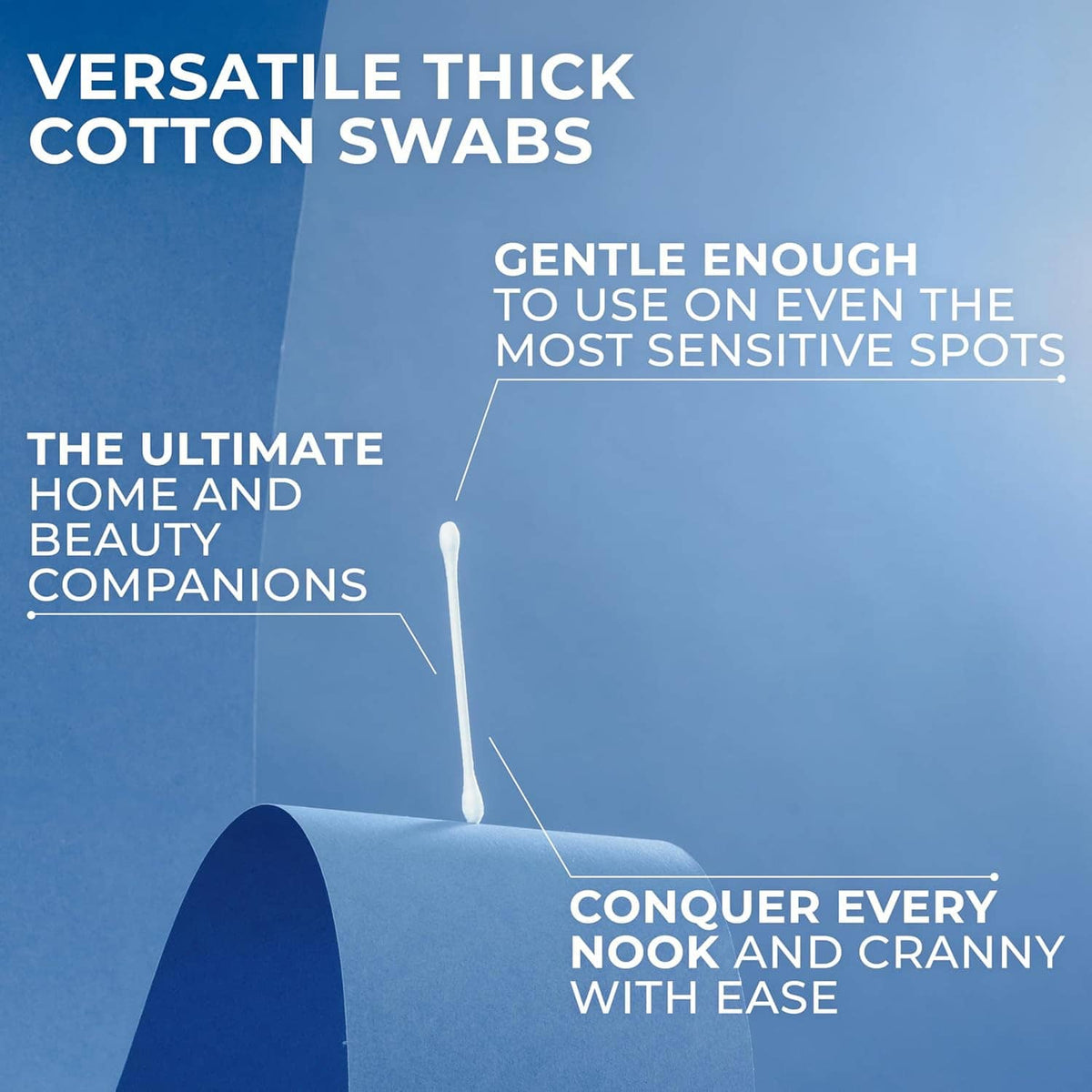 Cotton swabs box front with hanging swab graphic and versatility text