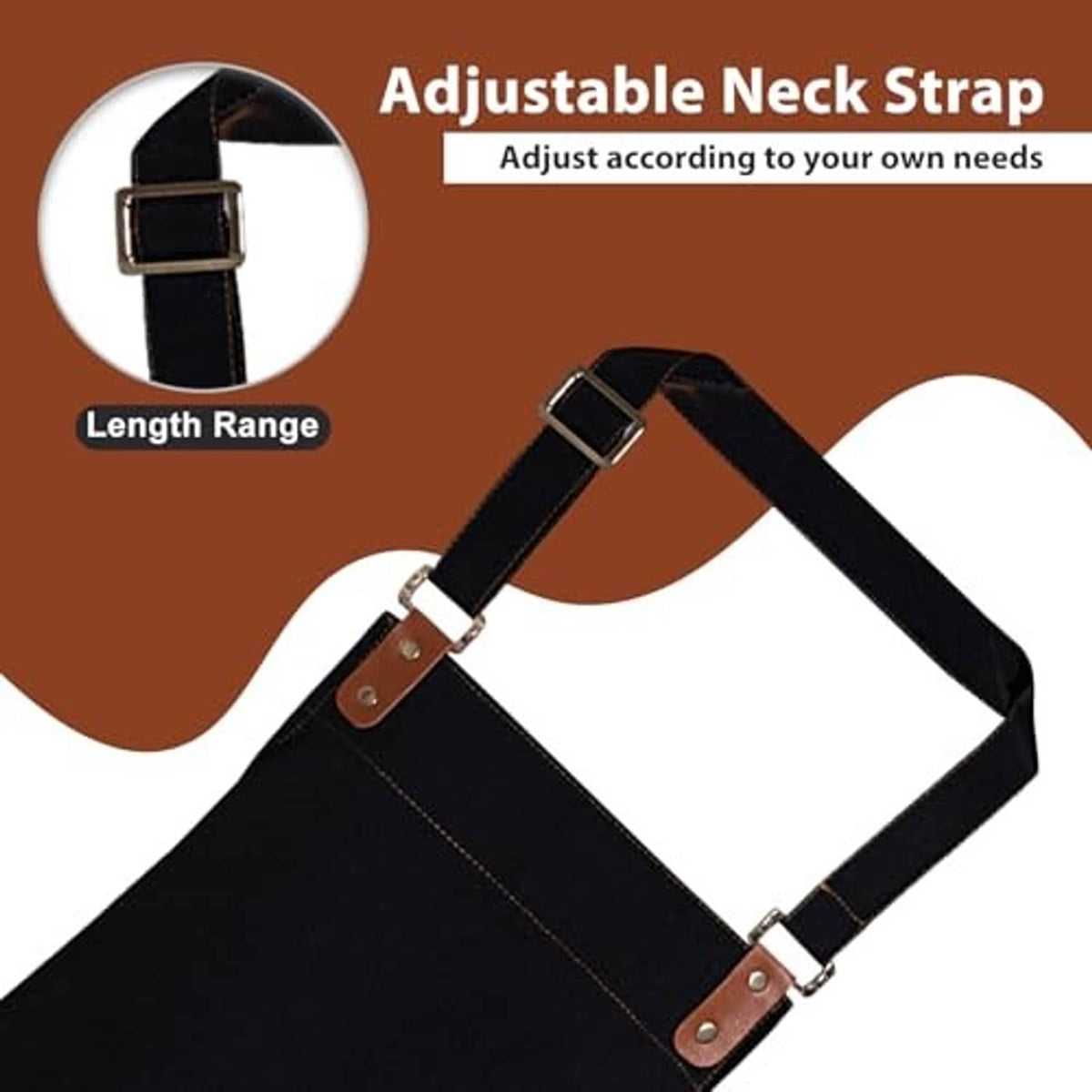 Black apron with adjustable neck strap, brown leather trim, and silver buckles