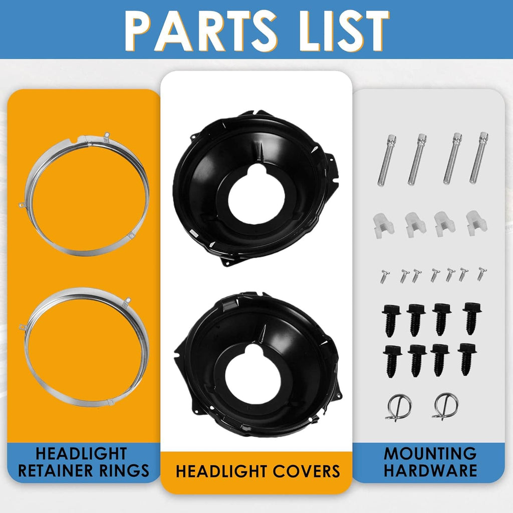 Parts list view: two black headlight covers, two retaining rings, and assorted mounting hardware
