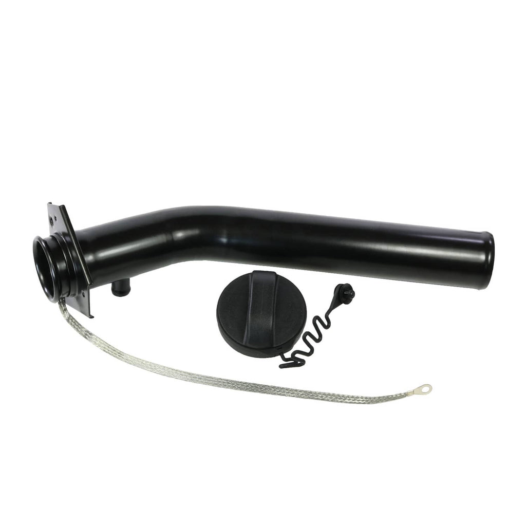Fuel tank filler neck tube with black cap and metal mounting plate, with tether cord