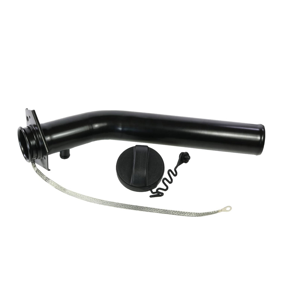 Fuel tank filler neck tube with black cap and metal mounting plate, with tether cord