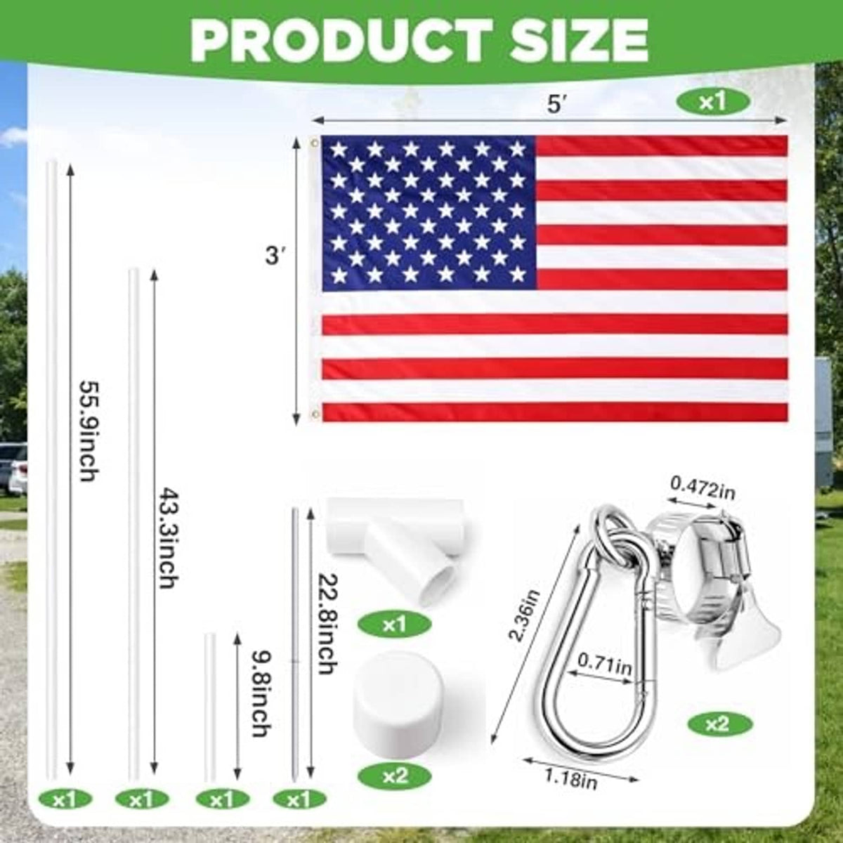 American flag pole kit with size diagram showing 3 ft by 5 ft flag dimensions