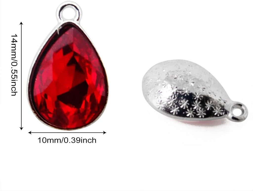 Single red teardrop crystal charm pendant with silver top loop; front and back shown.
