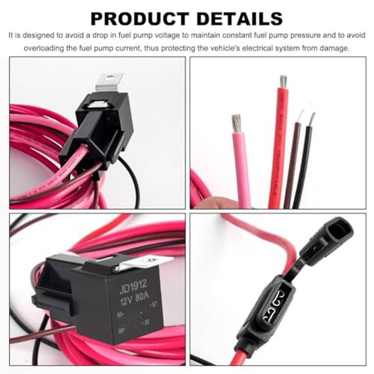Waterproof fuel pump relay kit details showing black relay and pink wire leads