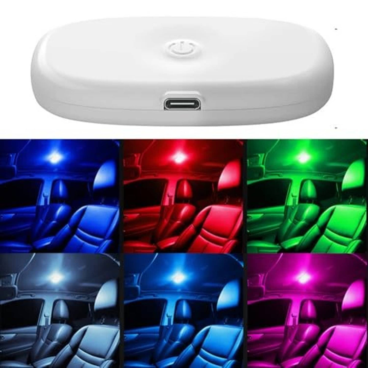 White oval LED interior dome light with colored LED lighting in car seats