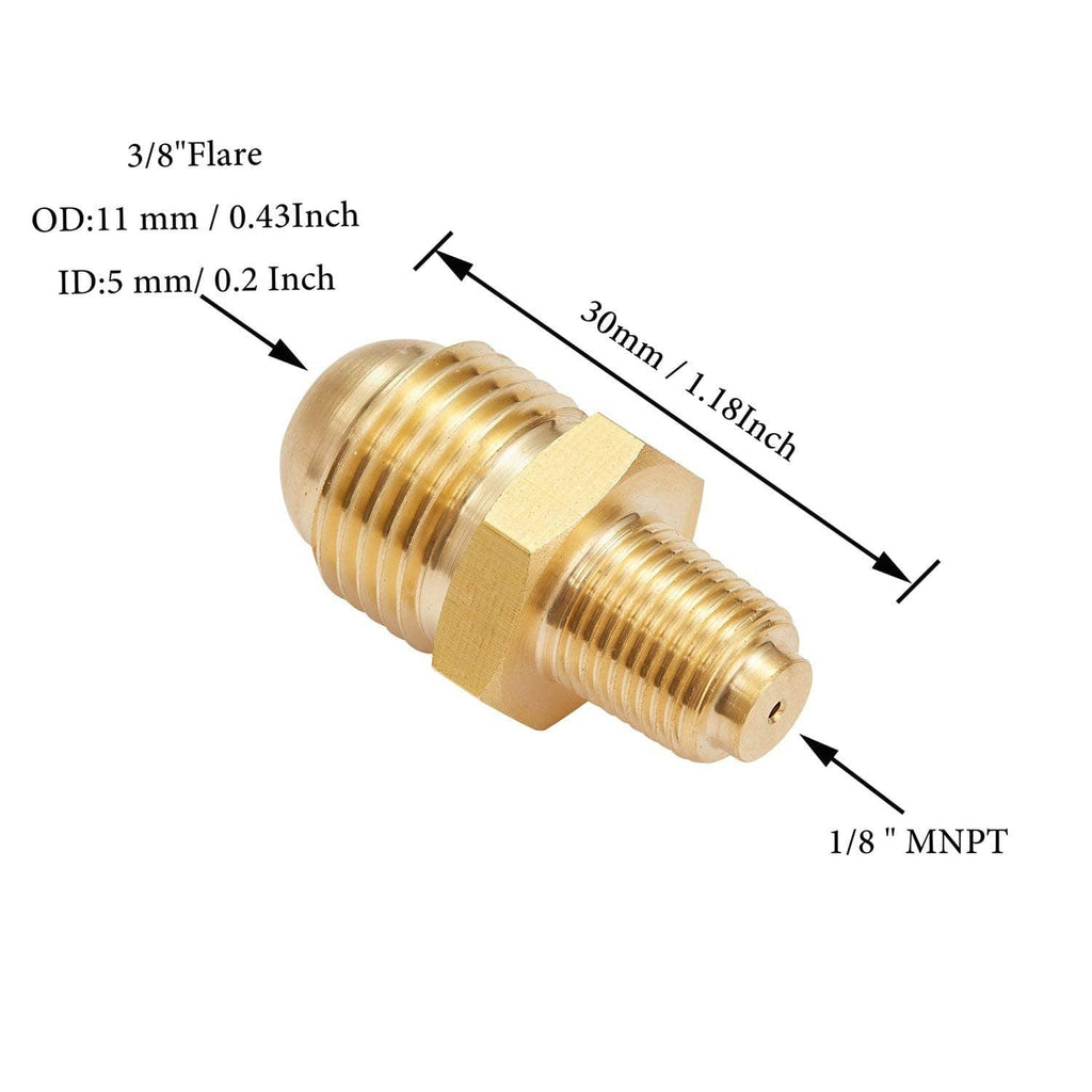 Brass propane orifice connector, 3/8 flare to 1/8 MNPT, about 30 mm long