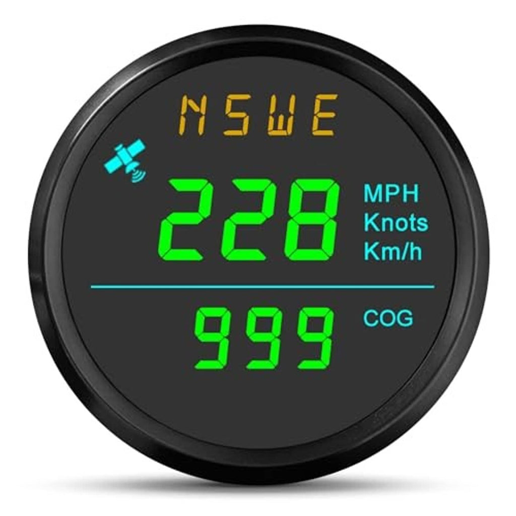 Round GPS speedometer gauge with green digital MPH, knots, km/h, and COG indicator