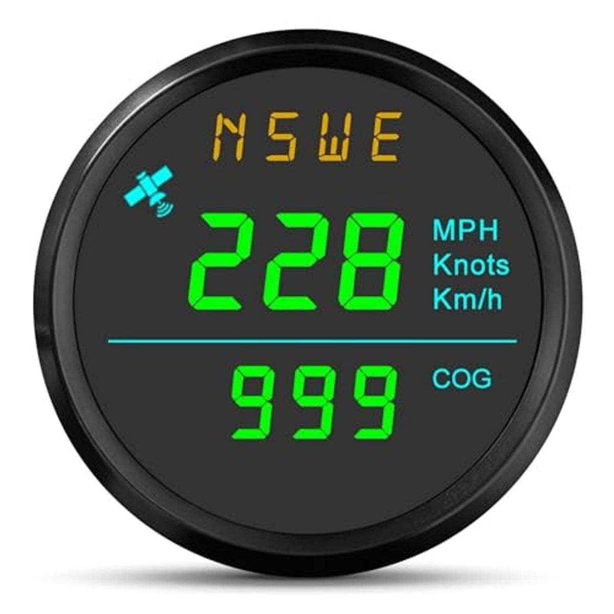 Round GPS speedometer gauge with green digital MPH, knots, km/h, and COG indicator