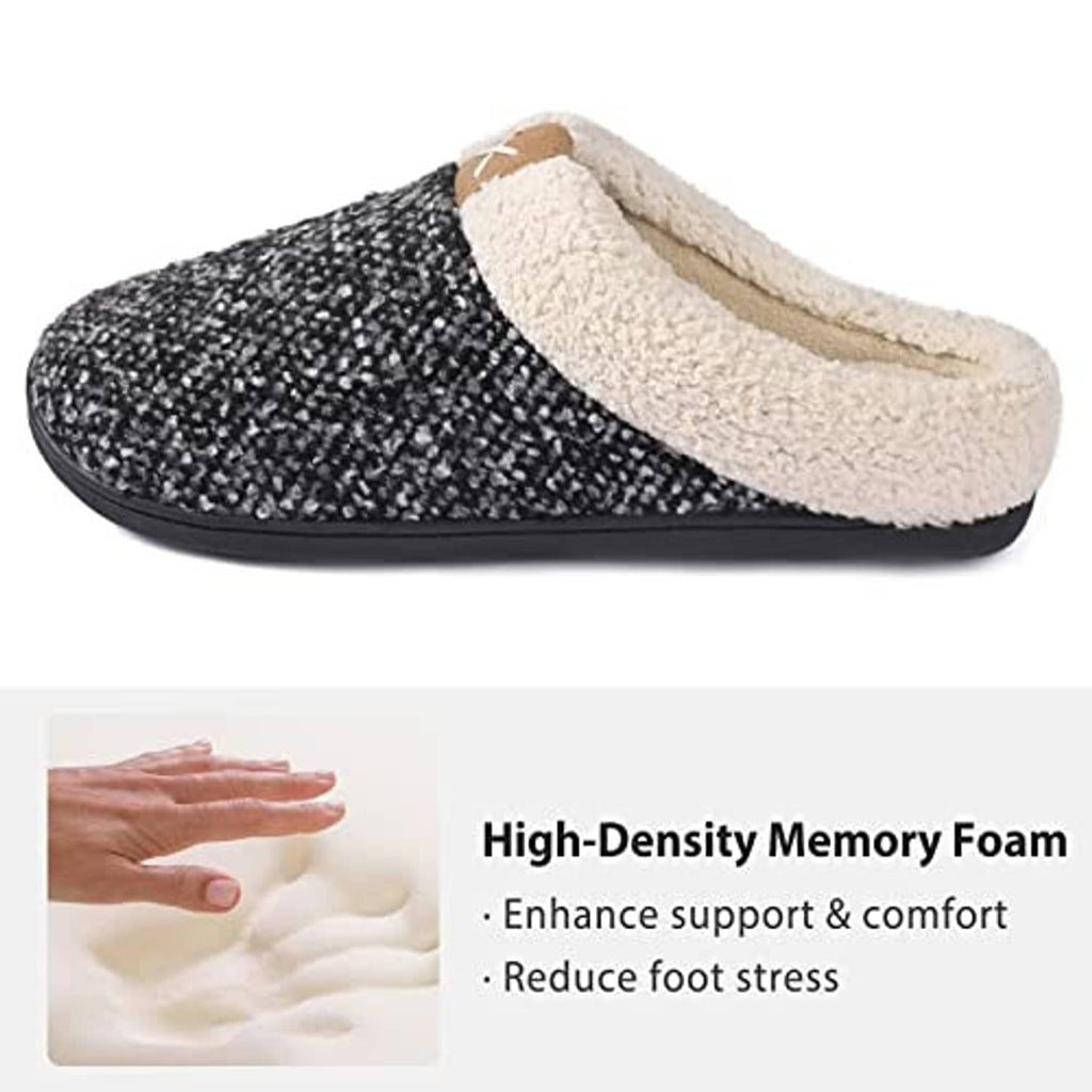 Men's sherpa-lined slip-on slippers, black speckle knit exterior with tan plush footbed