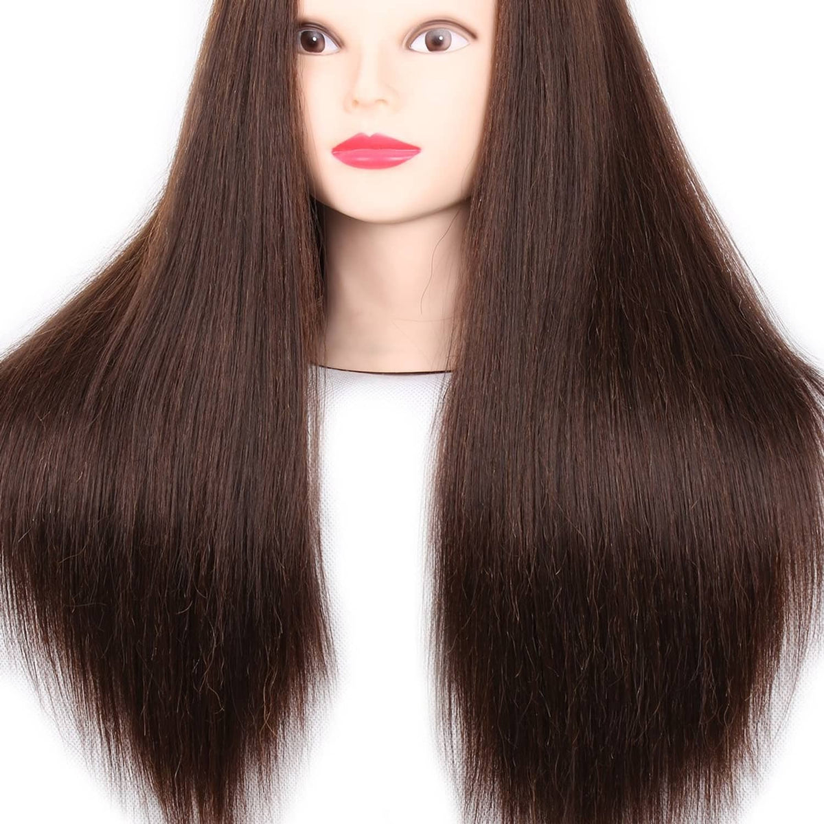 Brown human hair training practice head mannequin with long straight hair and face closeup