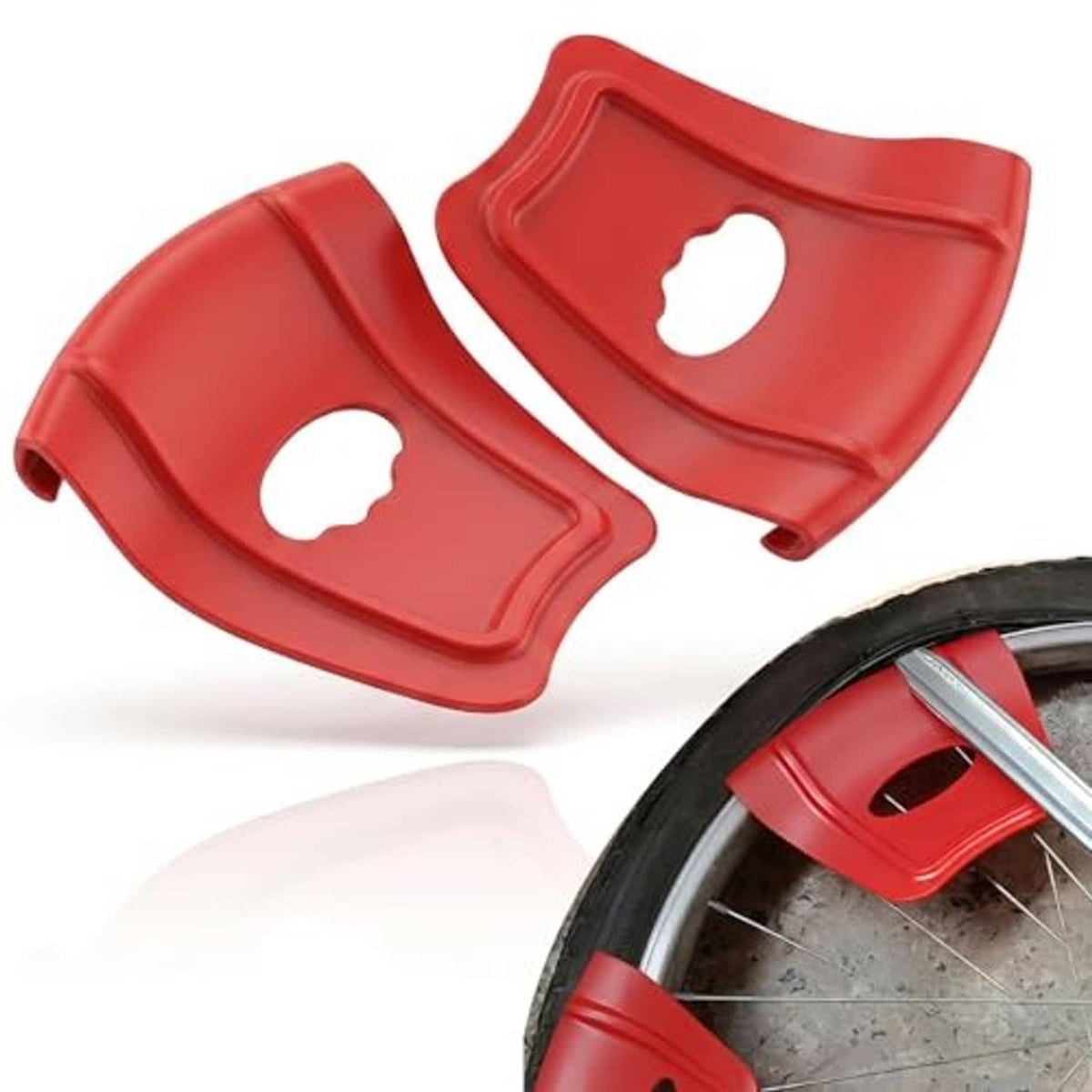 Two red rim protector covers with cutout holes and curved edges for motorcycle rims