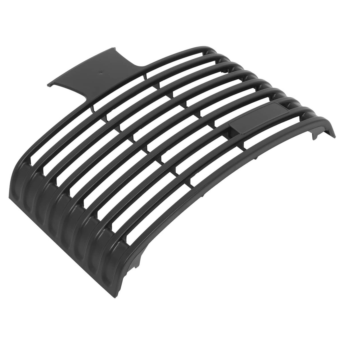 Front grille with curved horizontal slats and side tabs, dark plastic