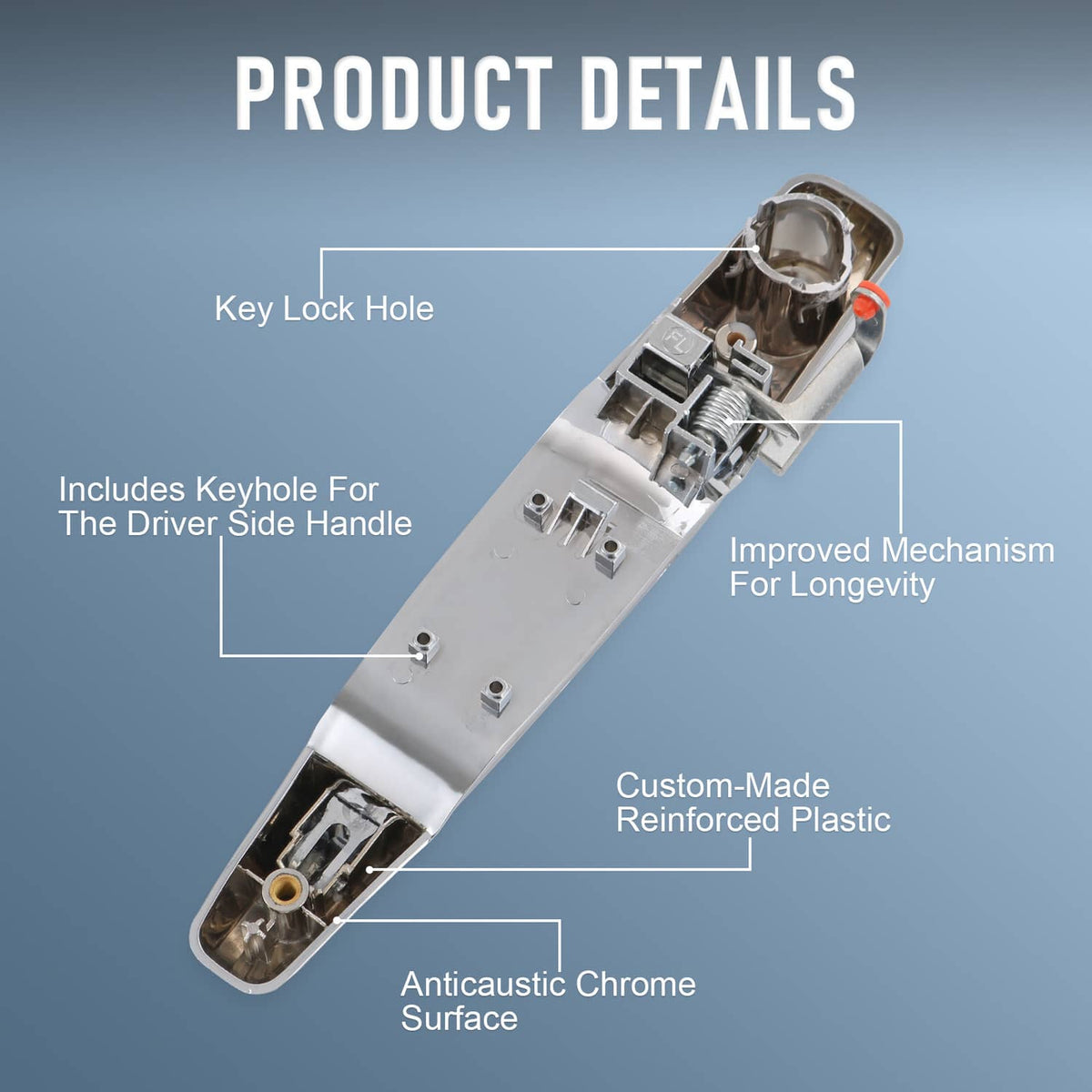 Chrome door handle interior showing key lock hole and reinforced plastic housing