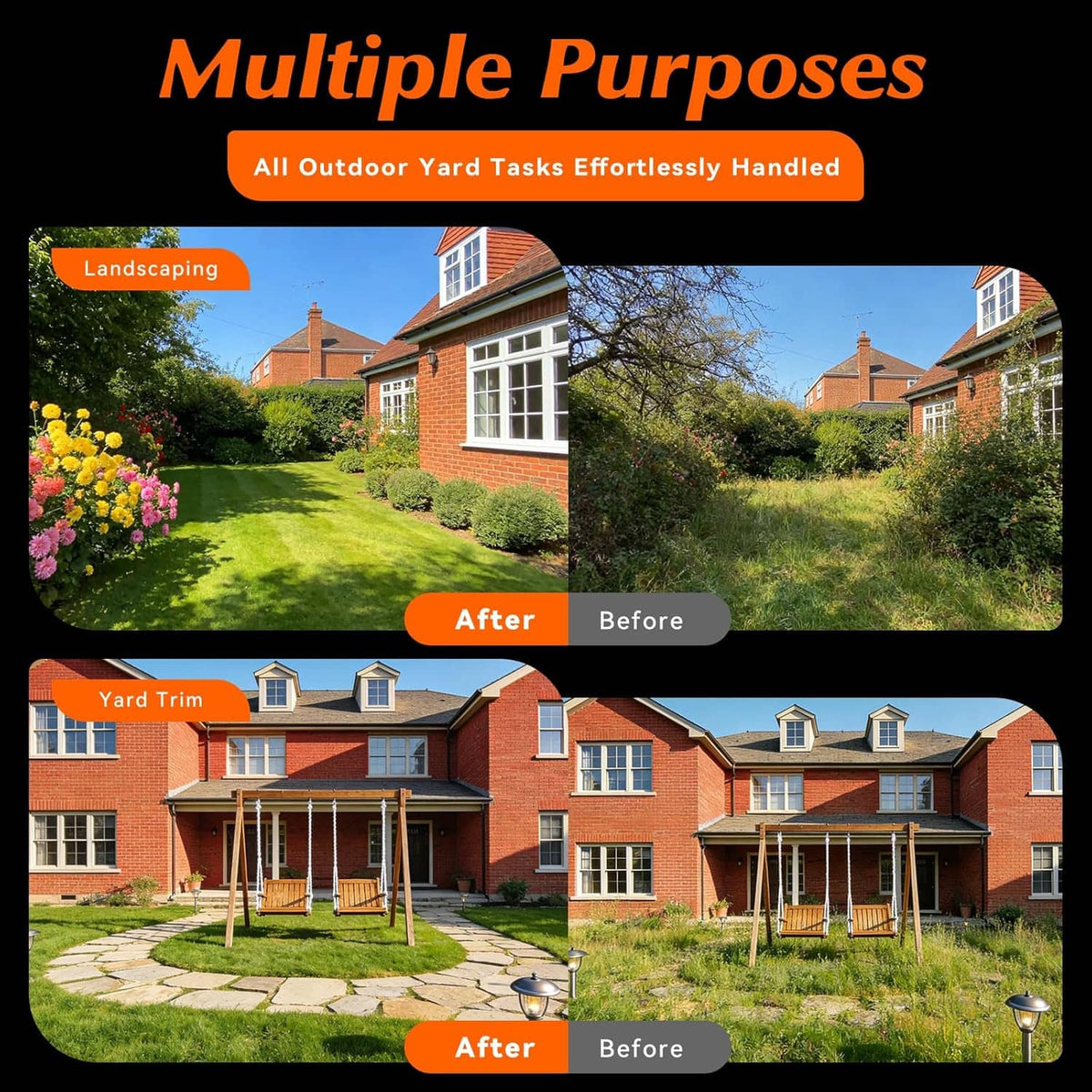 Cordless yard trimmer/edger concept showing before-and-after lawn edging