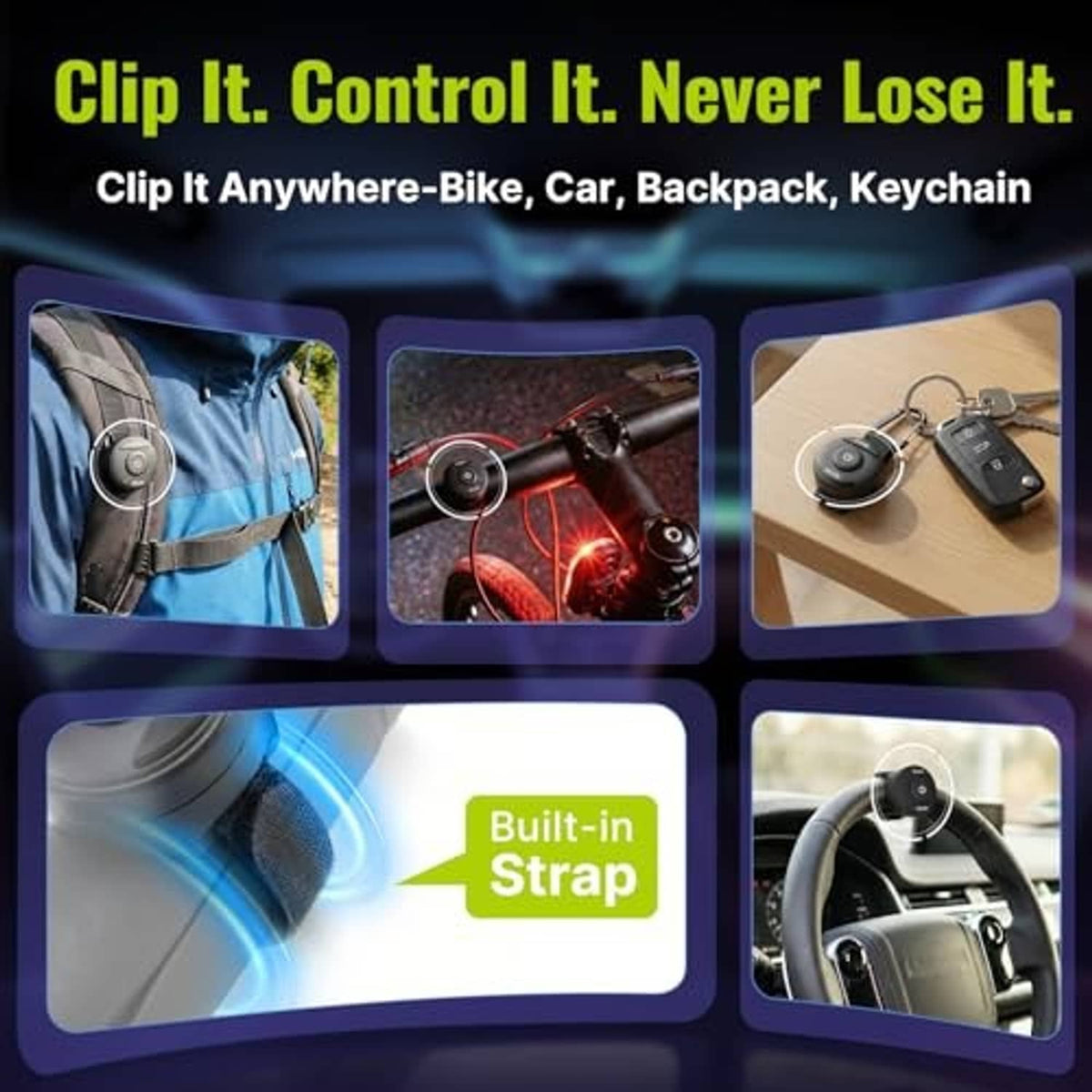 Clip-on LED light with built-in strap and black remote button controller