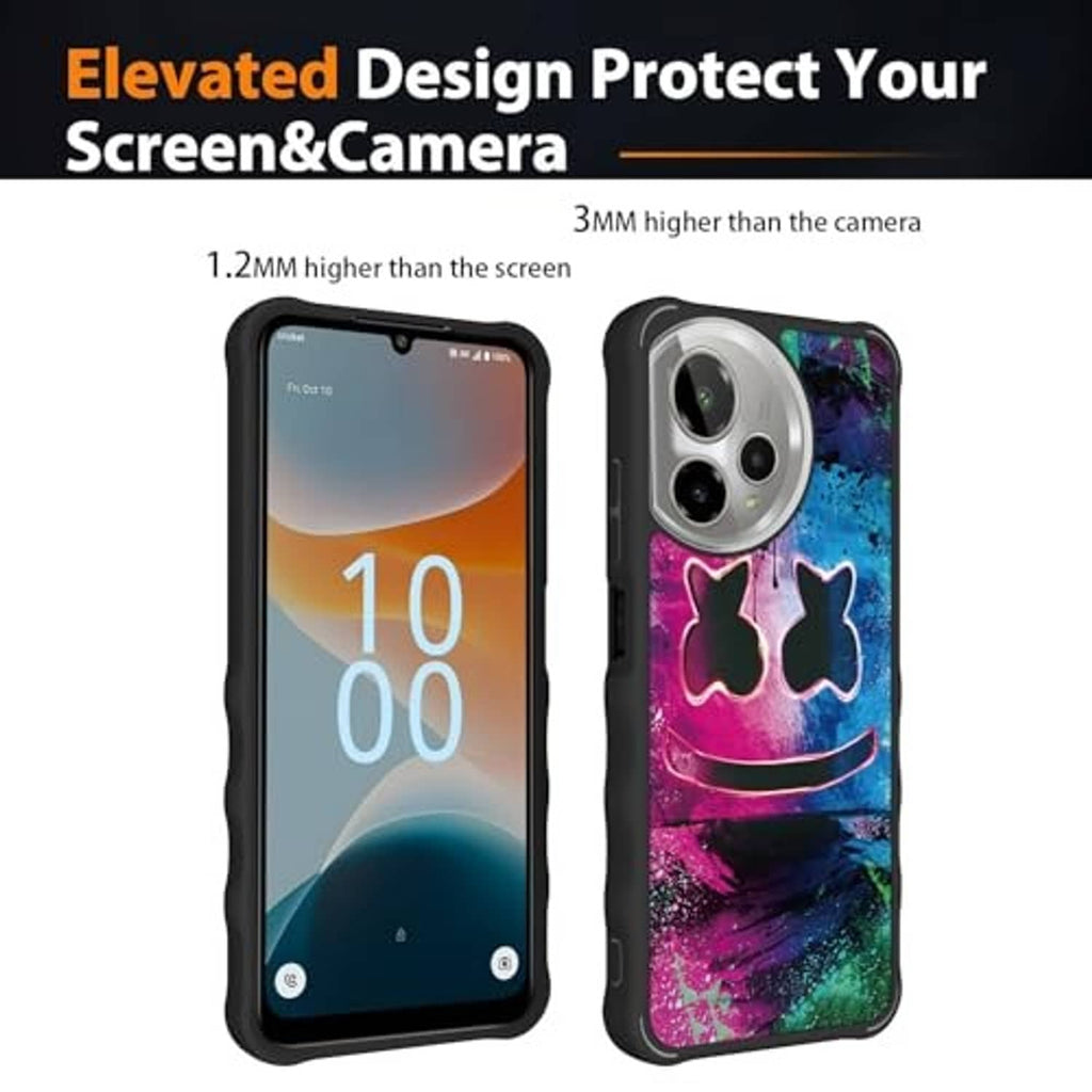 Phone case with raised bezel protection around screen and camera cutouts, graffiti artwork.