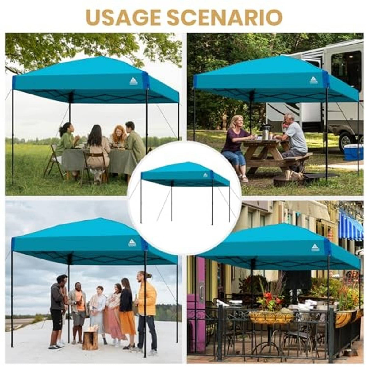 Blue pop up canopy top replacement shown in outdoor and event setups