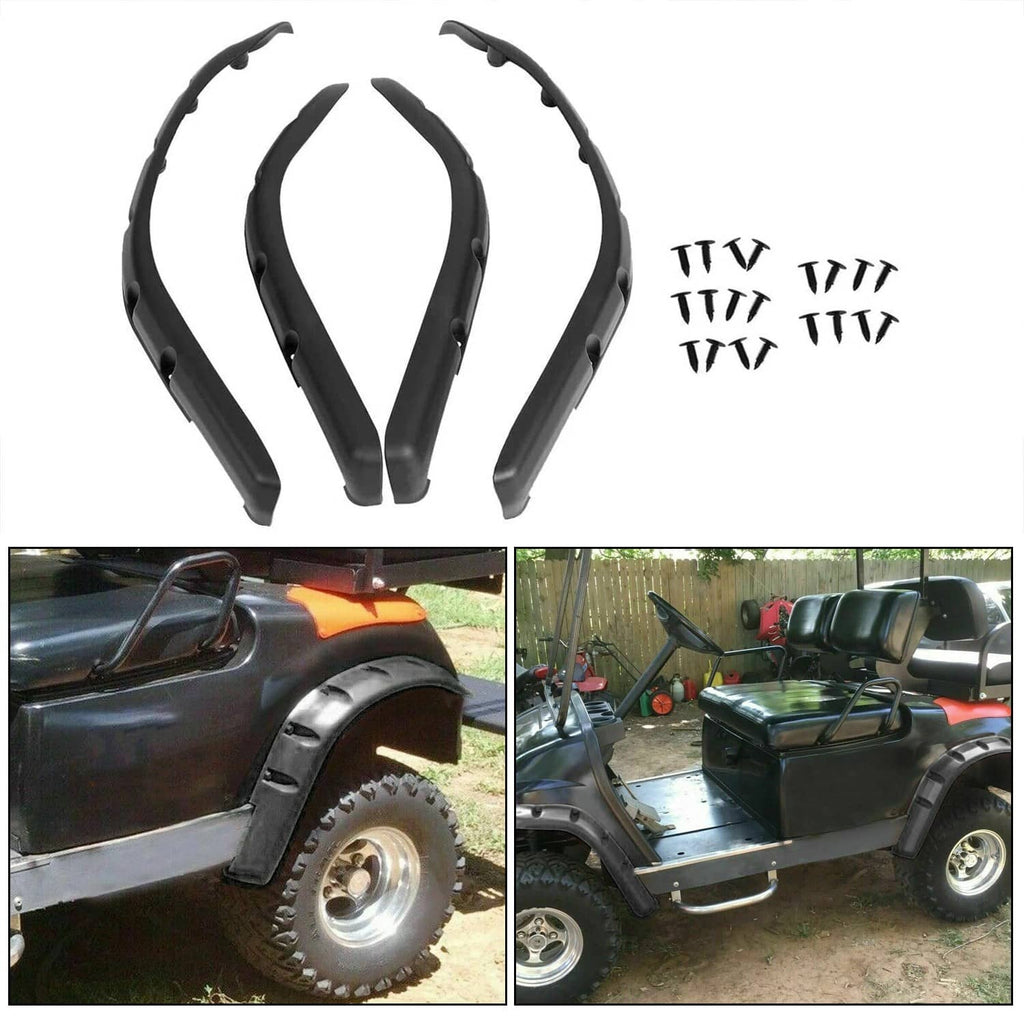 Golf cart front and rear fender flare set, dark gray/black plastic, with mounting hardware