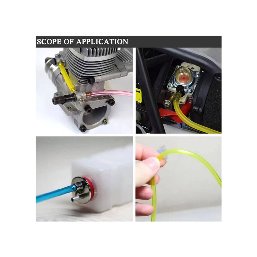 Yellow fuel line hose tubing connected to a small engine carb area