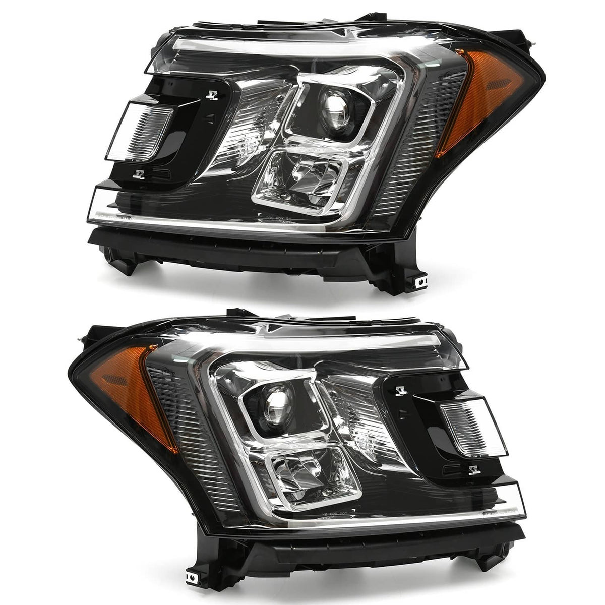LED left and right headlights with clear lens, amber reflector, black housing