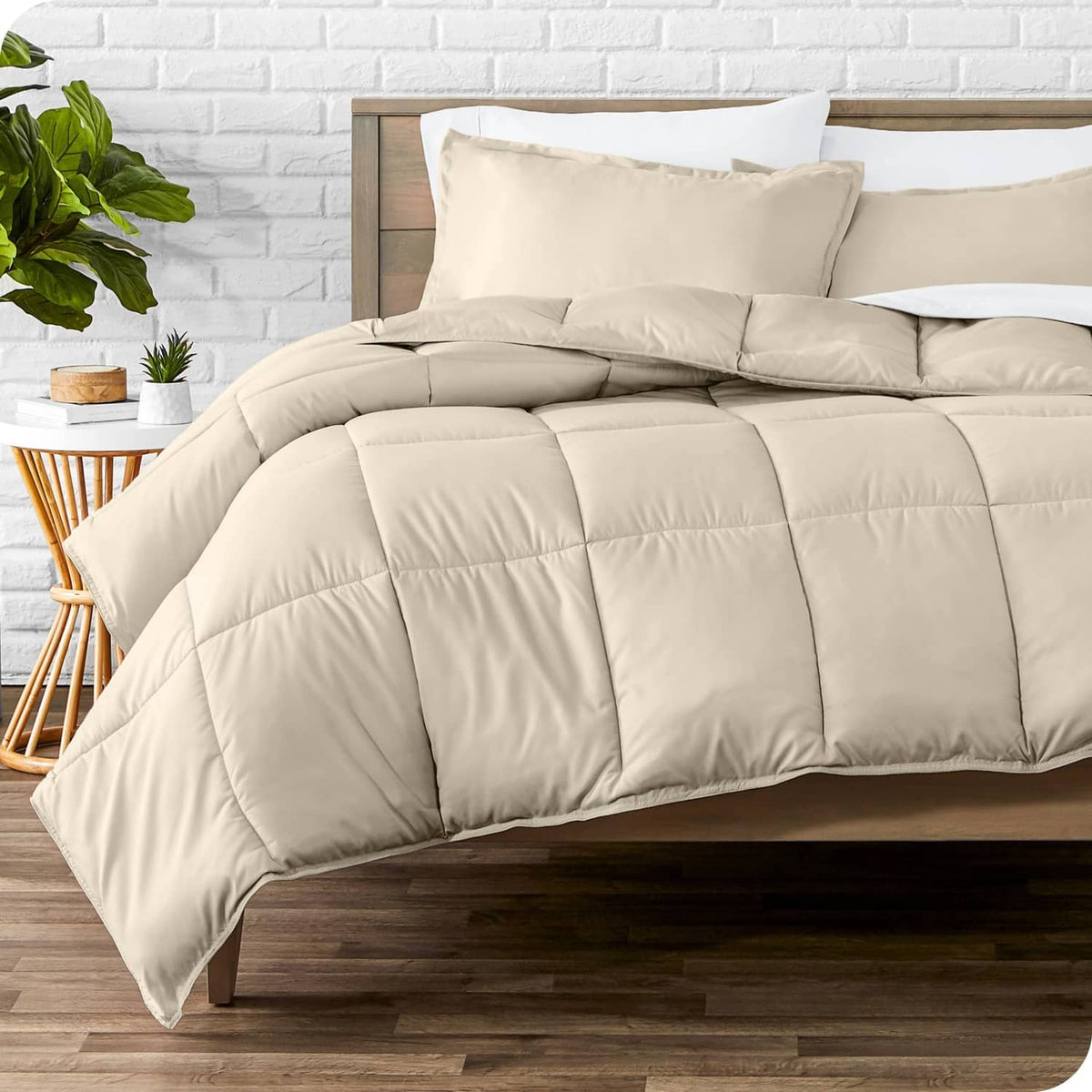 Full size down alternative comforter set with cream quilted baffle design and pillow shams