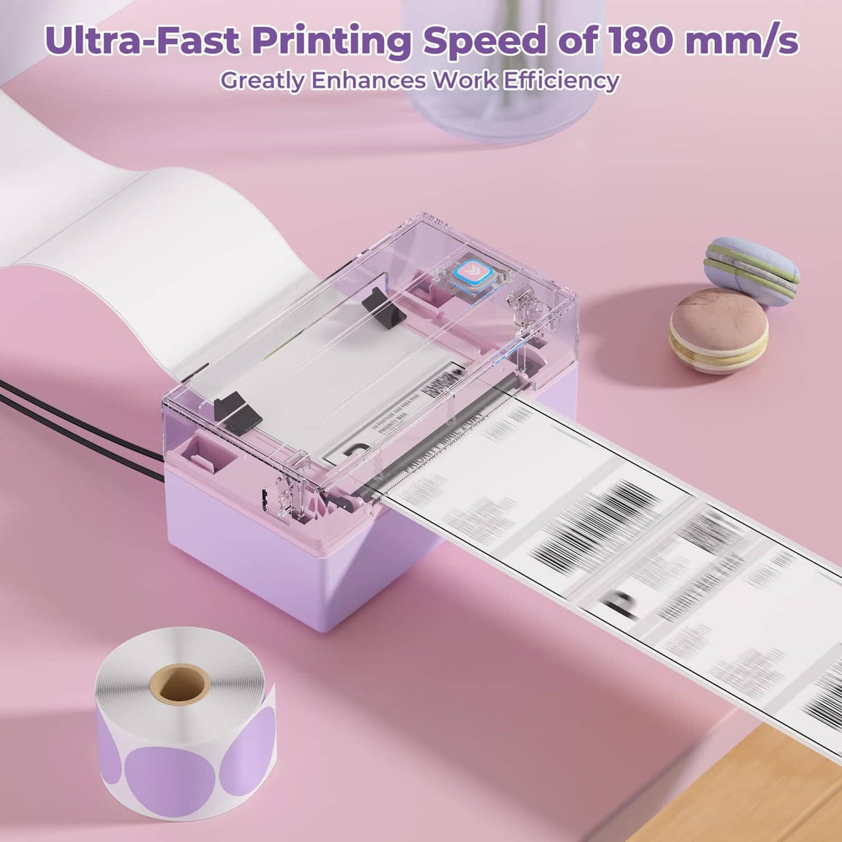 Thermal label printer with open print head dispensing a continuous label strip