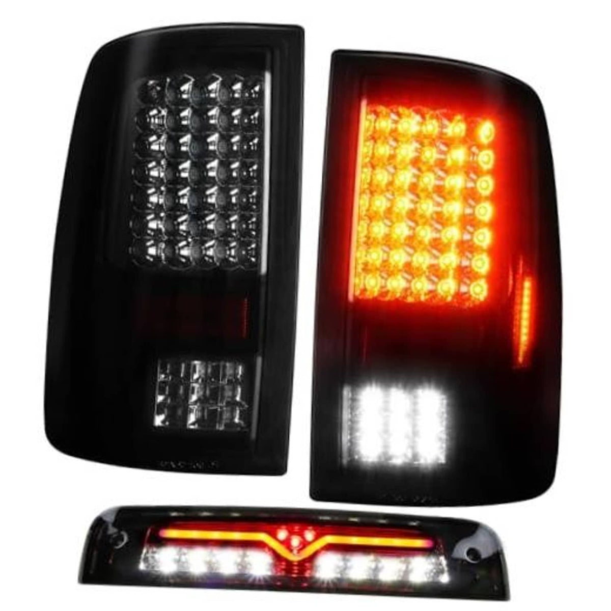LED taillight pair with black housing and smoke lens; red and white LED sections