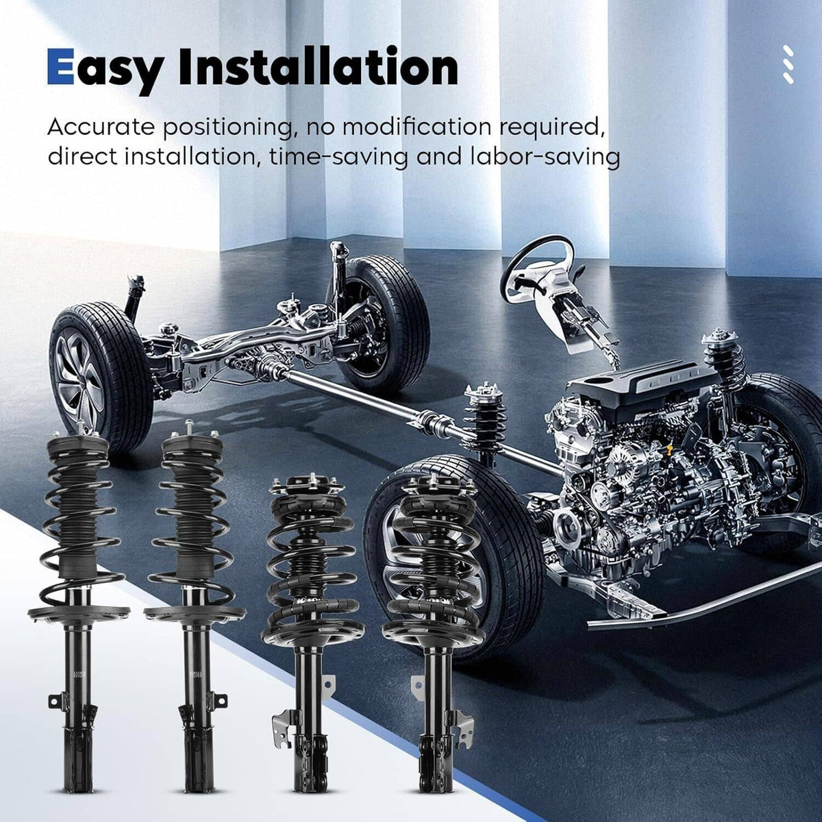 Multiple shock strut assemblies shown together with black coil springs and metal strut bodies