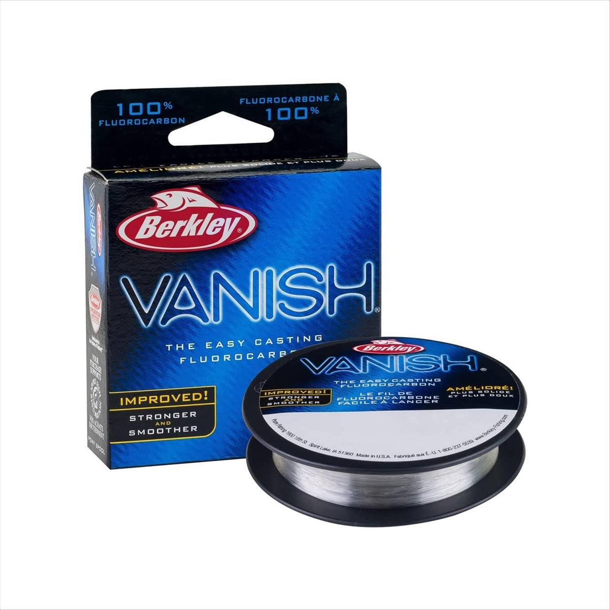 Berkley Vanish clear fluorocarbon fishing line spool with retail box and line label.