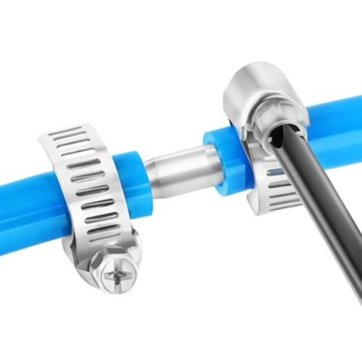 Stainless steel hose barb fitting with blue hose and metal clamp