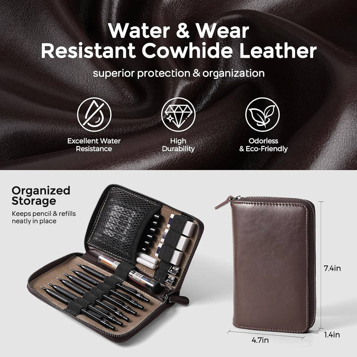 Brown cowhide leather organizer case for mechanical pencils with organized storage slots.