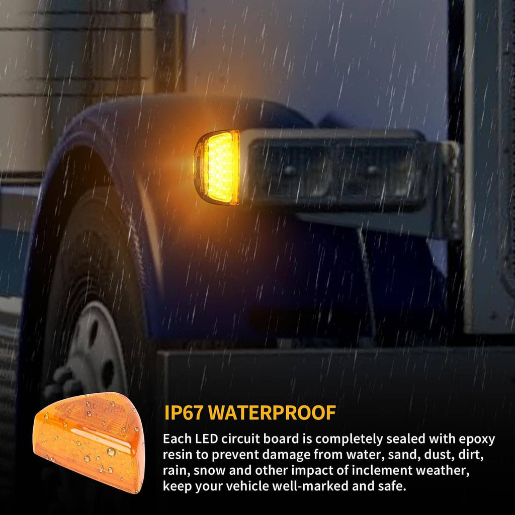 Glowing amber LED turn signal/marker light on front corner