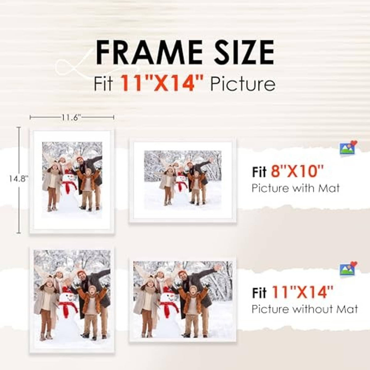 White 11x14 frames for photo display, with and without removable mat size examples