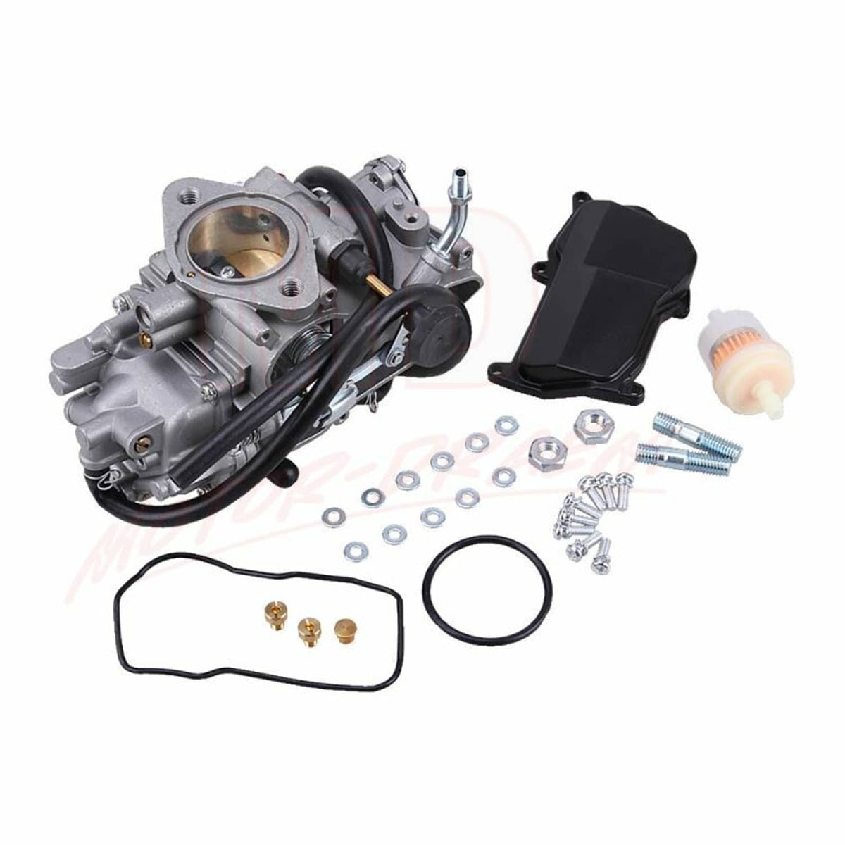 Carburetor assembly with base cover and mounting hardware, shown with gasket