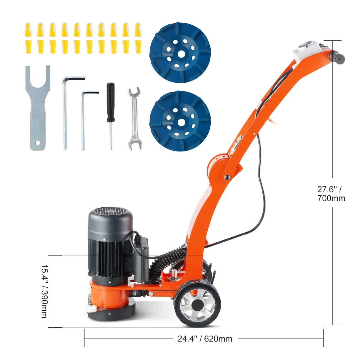 Orange walk-behind concrete grinder shown with blue diamond disks and spare tools