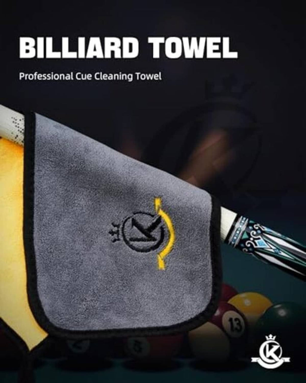 Billiard cue cleaning towel, dark gray with yellow trim and embroidered cleaning icon