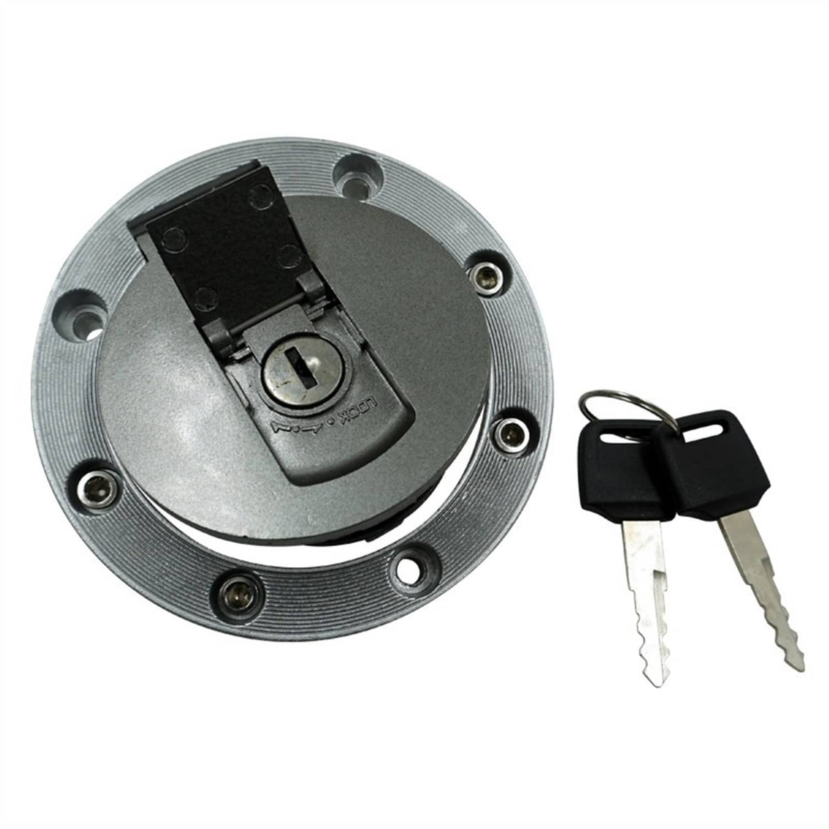 Fuel tank cap lock cover with two keys and circular metal mounting plate