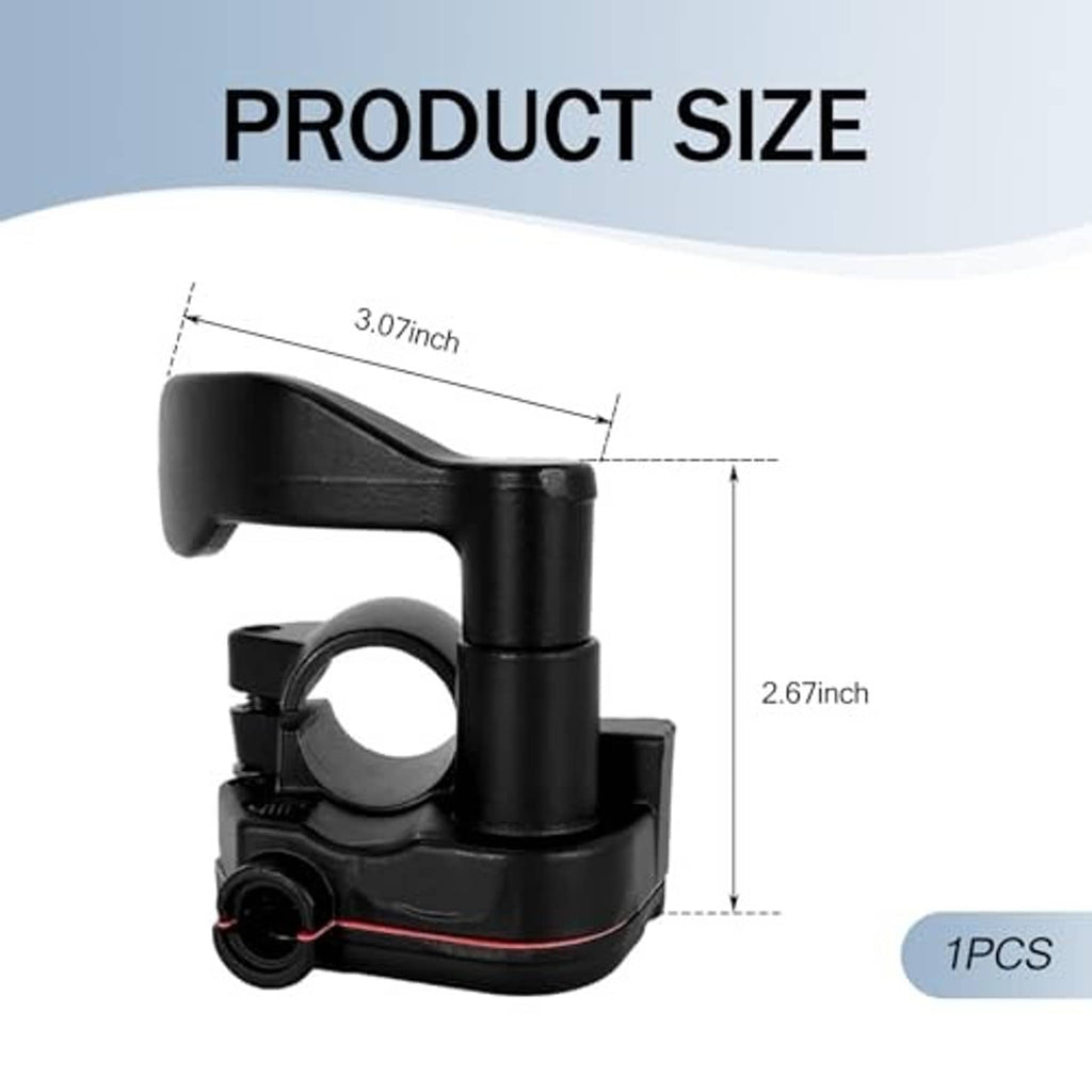 Black thumb throttle lever with clamp, shown with product size dimensions diagram