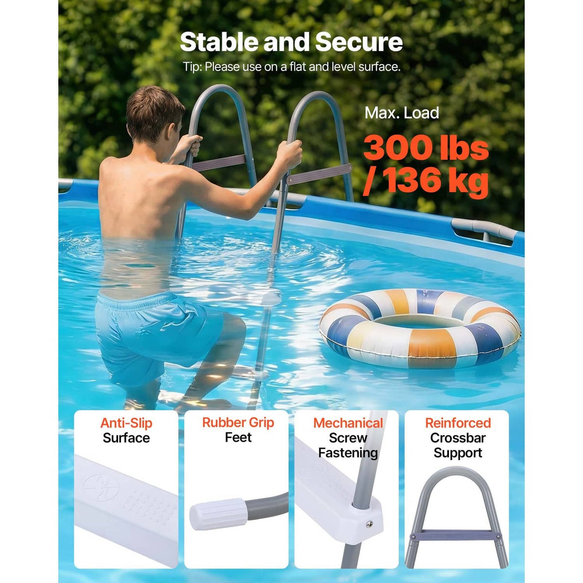 Gray 3-step pool ladder with anti-slip treads and reinforced crossbar support