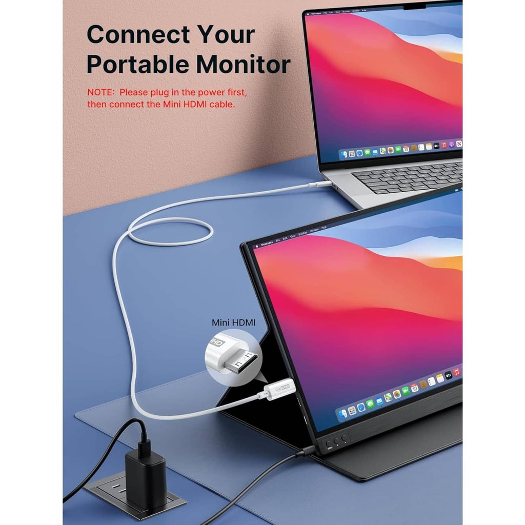 USB-C to mini HDMI cable connecting a portable monitor to a laptop