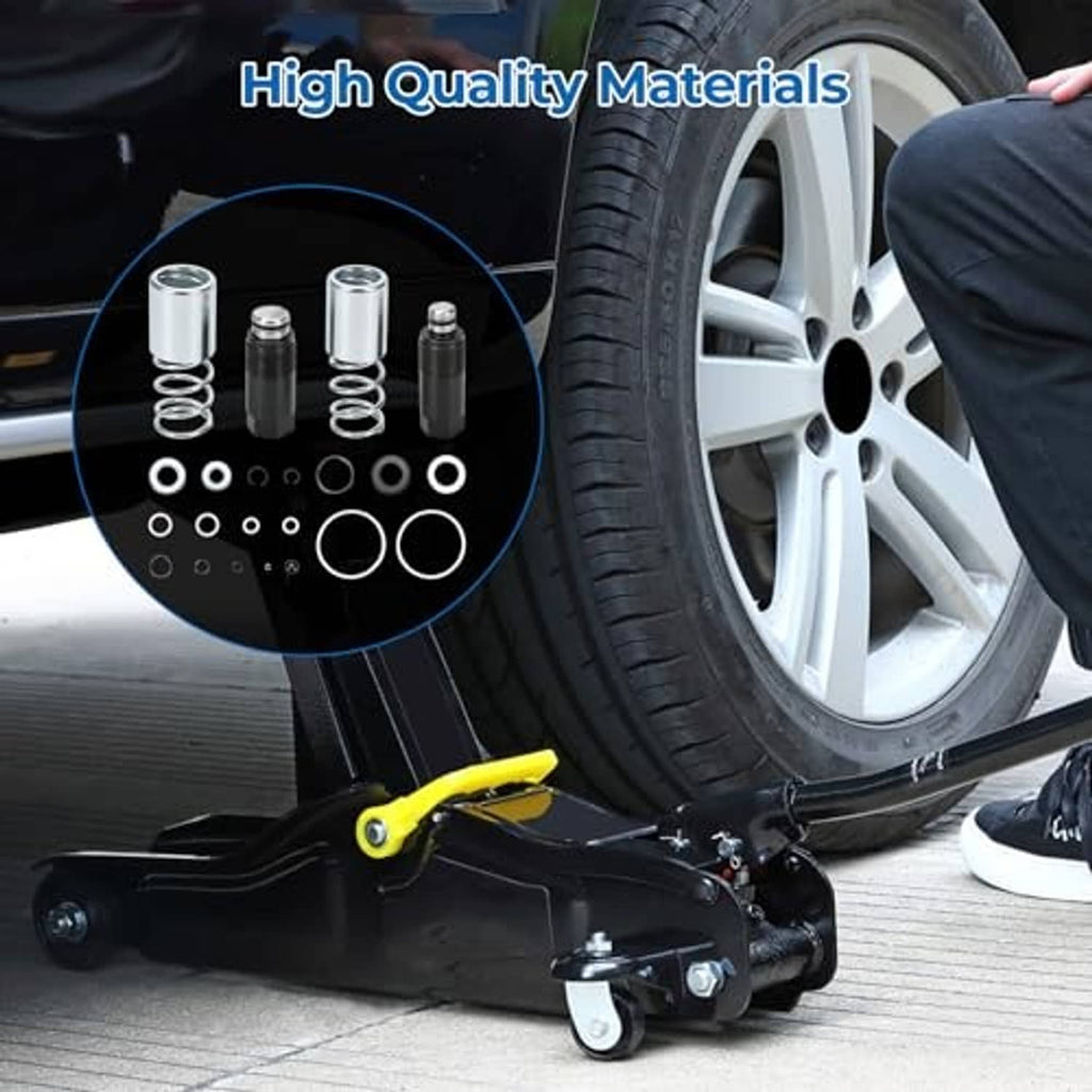 Floor jack piston plunger parts set with springs and seal rings shown beside jack