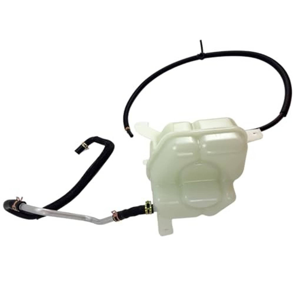 Engine coolant reservoir tank with cap and connected hoses, pale translucent with black lines