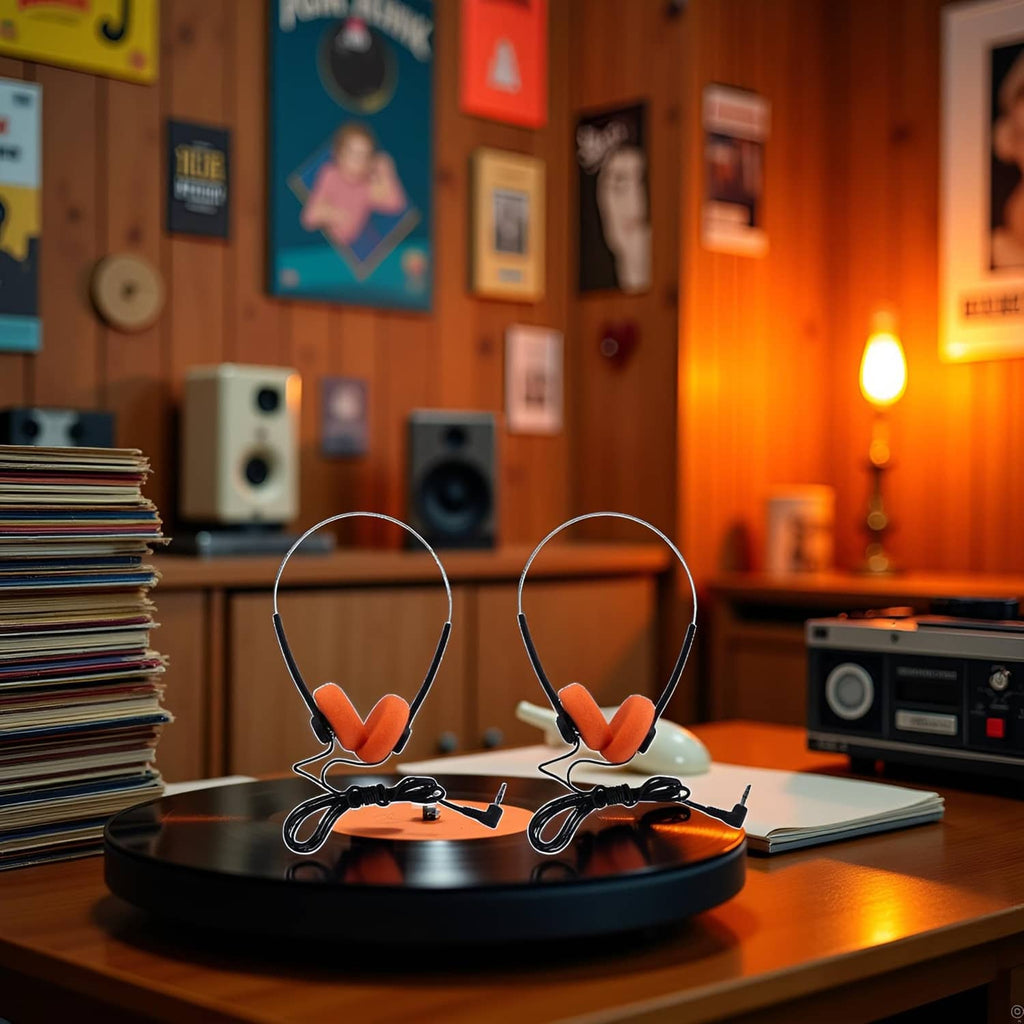 Wired retro on-ear headphones pair with orange ear cushions and black cord on base