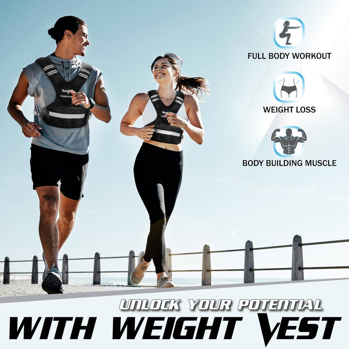 Black weighted vest with reflective stripes worn during running
