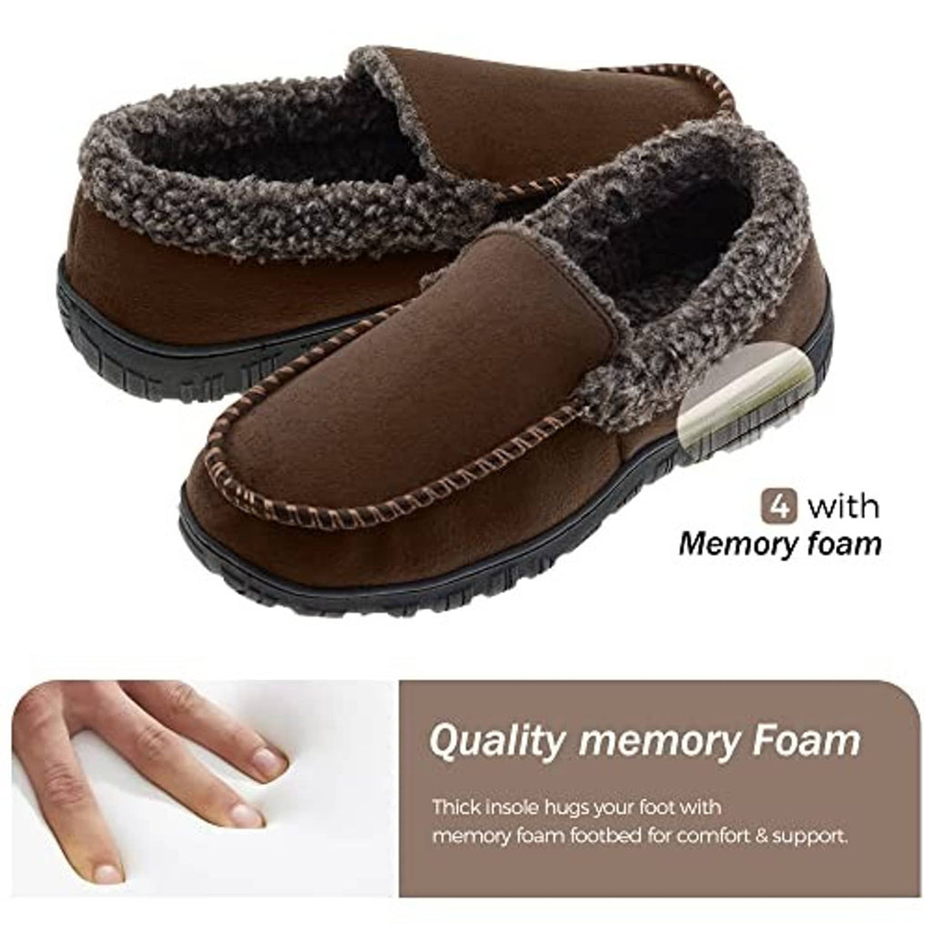 Pair of brown moccasin slippers with fuzzy shearling lining and rubber tread soles