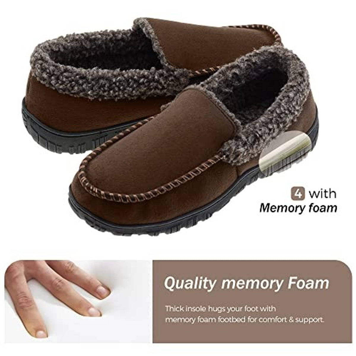Pair of brown moccasin slippers with fuzzy shearling lining and rubber tread soles