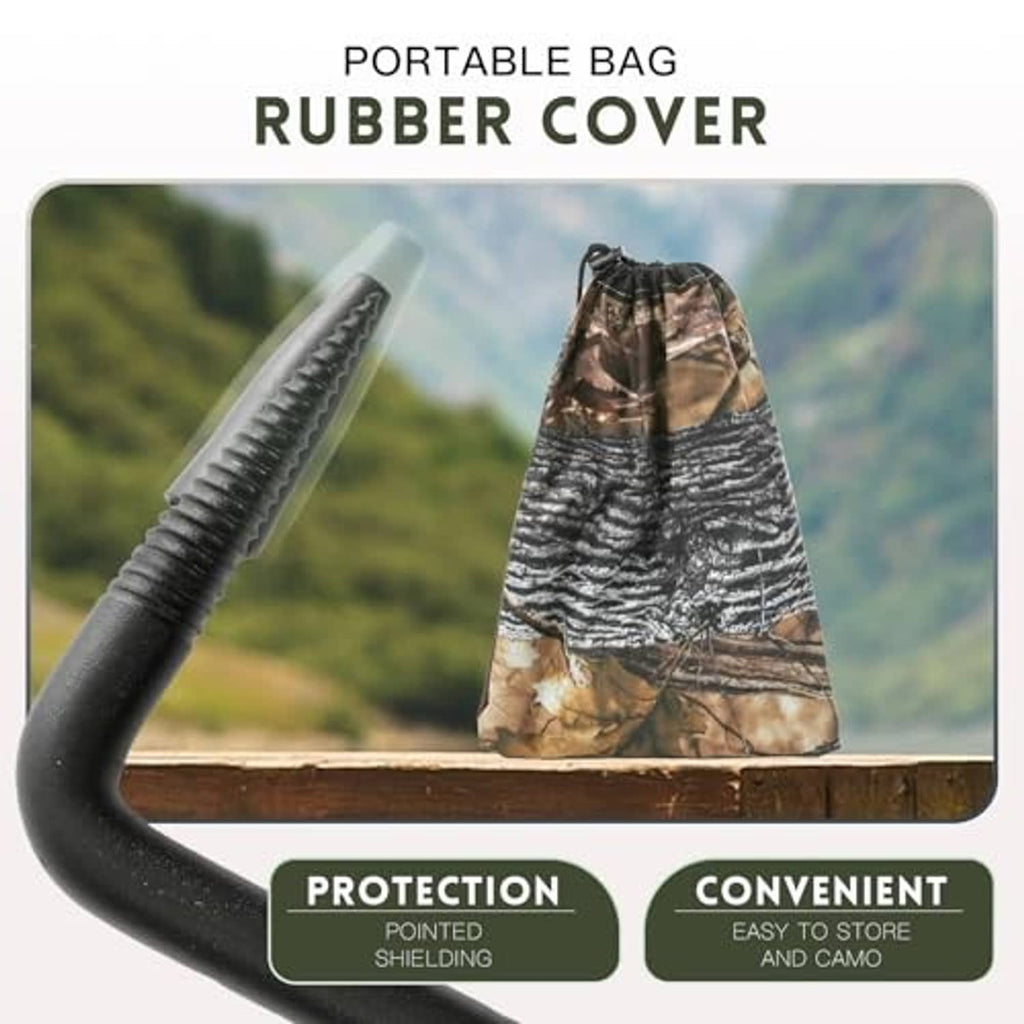 Black screw-in tree step with pointed end and camouflage portable bag