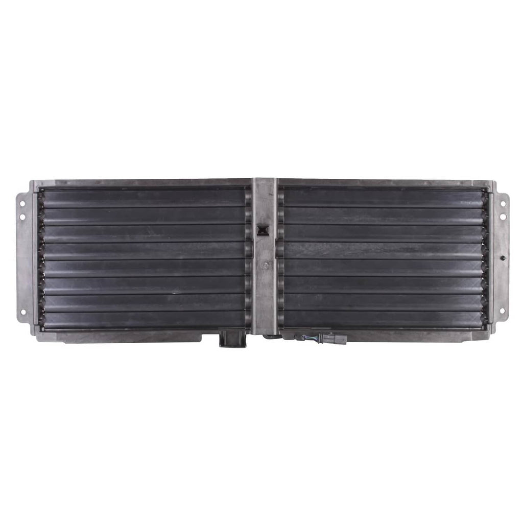 Front upper active grille shutter with motor, two-piece louvered panel in metal housing